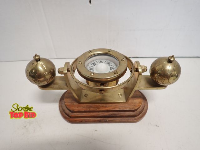 Lot 59-14115 - Nautical Binnacle Gimballed Ship's Compass Navigational Instrument, Solid Brass and Wood Base (Rosew...