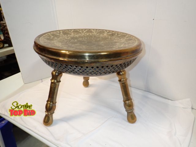 Lot 59-10192 - Vintage Turkish Moroccan Brass 3-Legged Brazier, Pierced Foot Warmer Stool with Islamic Designed Pai...