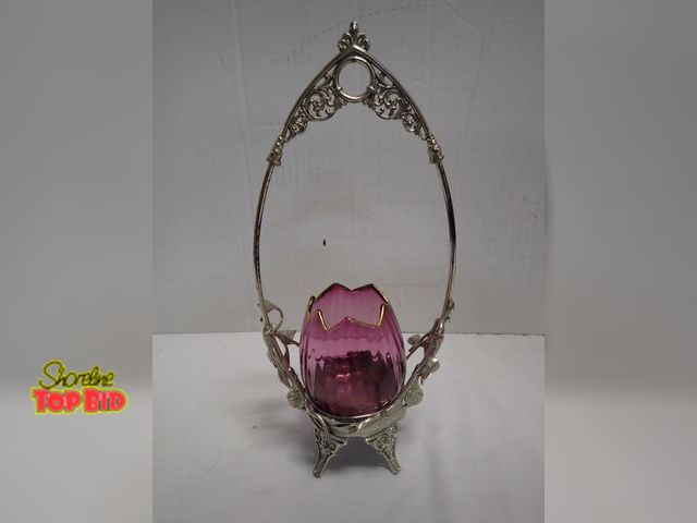 Lot 59-14034 - Ca. 1870, Art Nouveau Triple Plated Silver Sugar Bowl with Handle &amp; Purple Glass Insert Gold Tri...