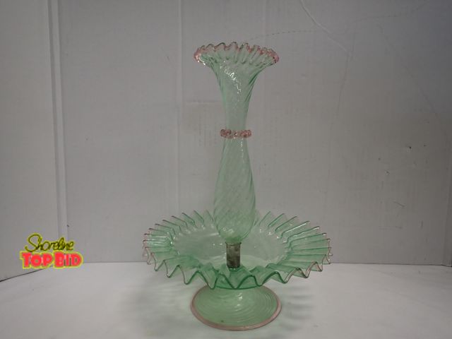 Lot 59-14037 - Antique Victorian Style Green and Pink Glass Epergne Centerpiece late 19th to early 20th Century, Ru...