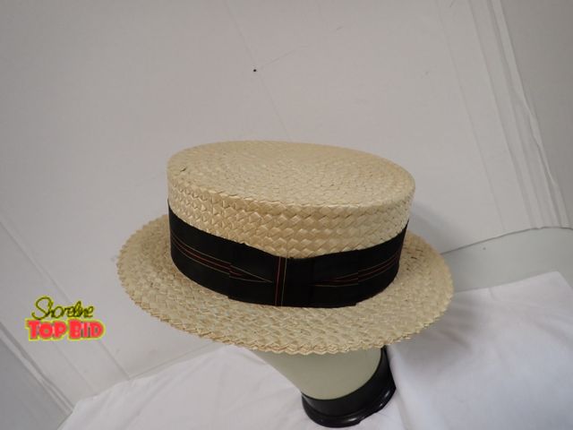 Lot 59-10182 - Custom Made 7 3/4" size Worth - Worth L.T.D. Hotel Astor New York. Stiff Straw Boaters Hat with Blac...