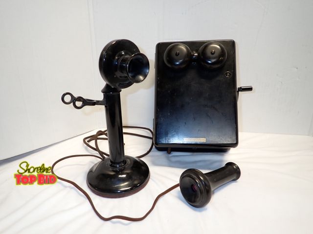 Lot 59-10420 - Antique Painted Oak WW2 US Navy Kellog Switch Board Hand Crank Phone Box with Candle Stick Talking P...