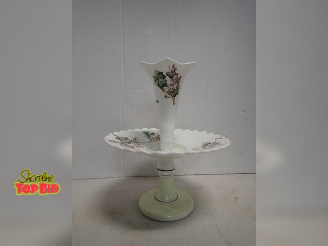 Lot 59-14300 - Antique Epergne Centerpiece 18th and 19th Centuries, Milk Glass with Hand Painted Floral Motifs. Est...