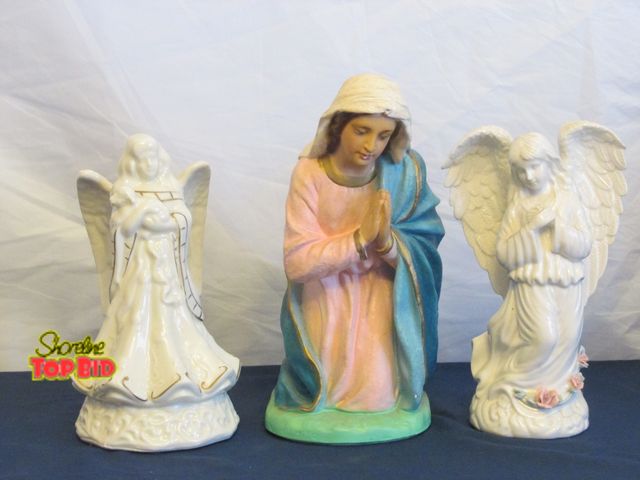 Lot 59-10047 - Statues of the Virgin Mary and two angels, good condition.  Virgin Mary is 12"T, angels are 10"T.