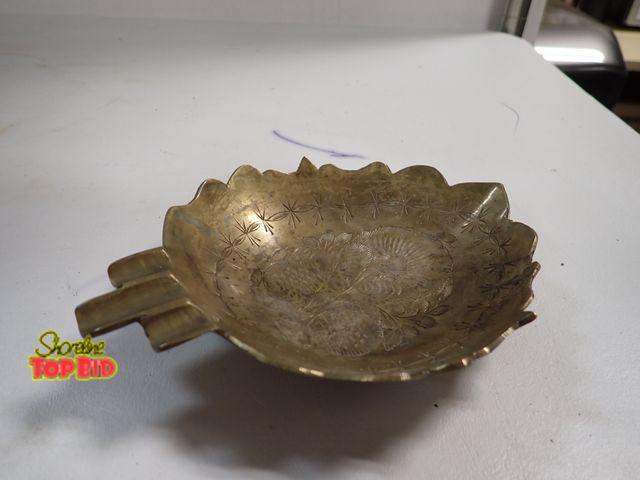 Lot 59-14344 - Vintage Brass Ashtray Leaf Shaped with Inner Etched Lotus Flower 6 1/4" x 5"