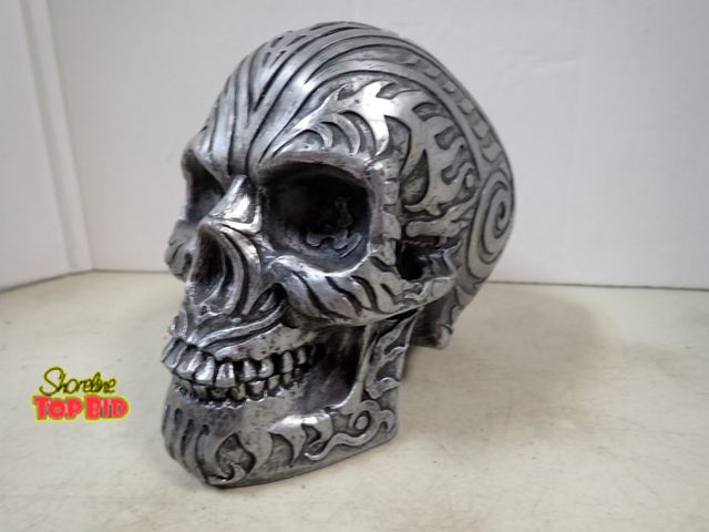Lot 59-41235 - Signed by Artist Pewter Hand Crafted Skull with Embossed Designing 5 1/2" x 7"