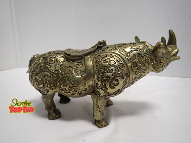 Lot 59-10204 - Chinese Bronze Rhinoceros Sun, has a Hinged Lid on the Rhinoceros Back for Storing Liquids or Incens...