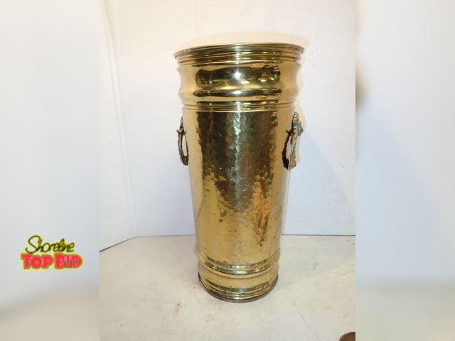 Lot 59-14660 - Vintage Hammered Brass Umbrella Stand Double Handled 18" tall
