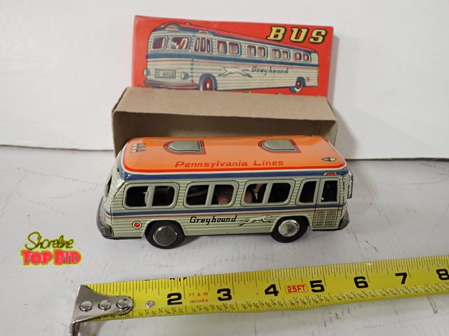 Lot 59-43114 - Rare Pennsylvania Lines Greyhound Bus Friction Toy with Original Box, Great Condition - working