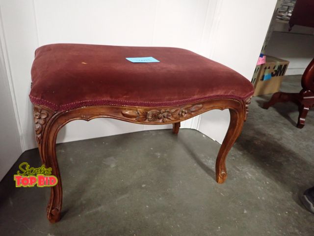 Lot 59-10043 - Vintage French Louis XV Style Carved Walnut Stool Featuring Cabriole Legs &amp; Red Velvet Upholster...