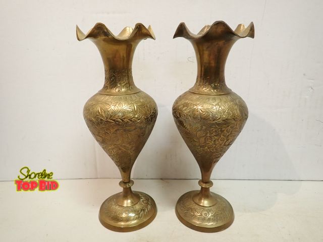 Lot 59-14371 - Pair of Vintage Hand Etched Brass Vases from India, intricate floral or leaf patterns 9 1/2" tall