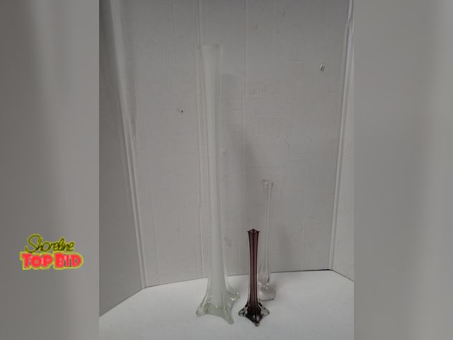 Lot 59-21065 - Tall Glass Eiffel Tower Vases alongside Smaller Decorative Bud Vases with Flared Four-Sided Bases, N...