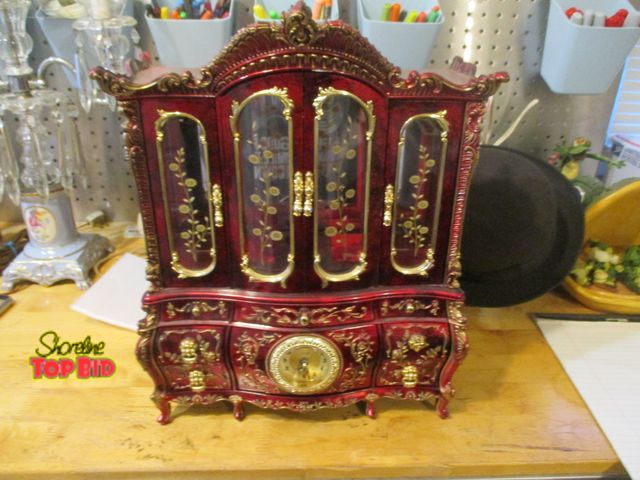 Lot 59-92022 - beautiful oriental jewelry box with clock and wind-up ballerina 4 drawers 3 closets