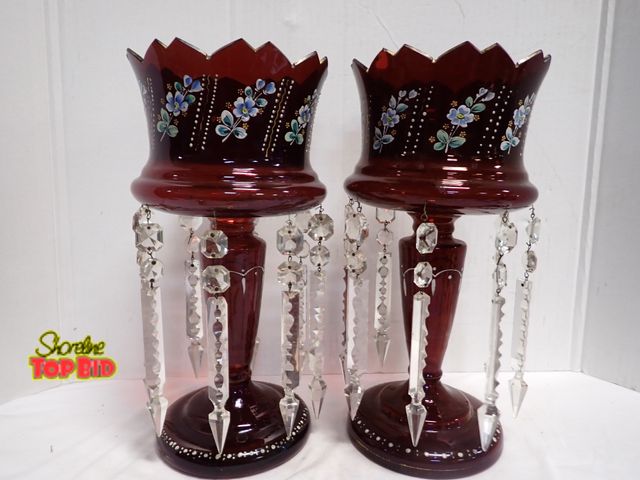 Lot 59-14066 - Pair of Stunning Antique Victorian Cranberry Glass Lustres, Specifically Designed as Mantel Decorati...