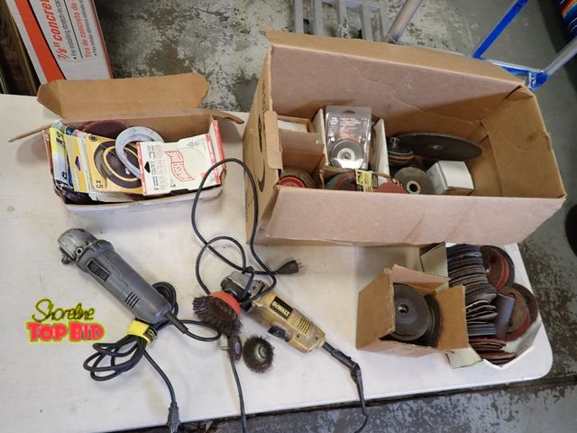 Lot 59-20168 - Sandpaper &amp; Grinding Wheel Lot with 2 Electric Hand Grinders