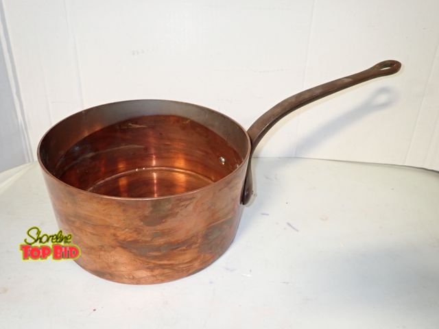 Lot 59-10392 - Antique Copper Sauce Pan 1900s Forged Iron Handle Patina Finish 5 1/2" Depth x 10 1/2" Diameter