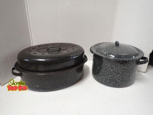 Lot 59-21298 - Black Speckled Enamelware Oval Roaster Pan and Stock Pot