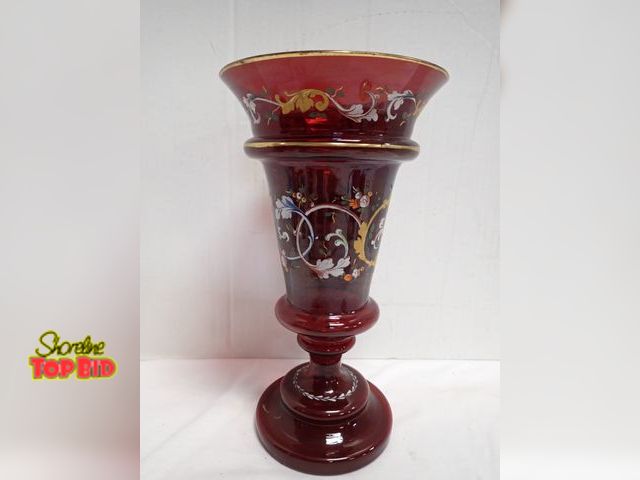 Lot 59-14081 - Bohemian Ruby Cranberry Glass Vase Hand Painted Enamel Floral and Scrollwork Designs Accented with G...