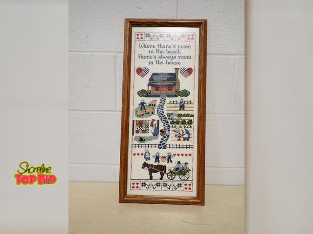 Lot 59-33181 - Vintage Framed Cross Stitch Sampler Titled "Room in the Heart", Folk Art or Americana Aesthetic Home...
