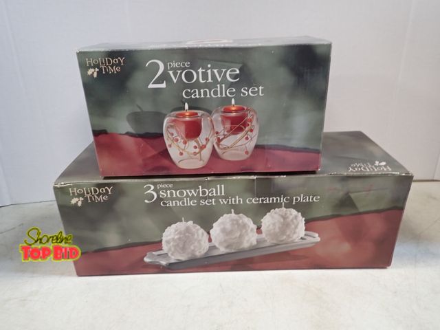 Lot 59-41697 - Holiday time 2pc. votive candle set and 3pc. snowball candle set with ceramic plate