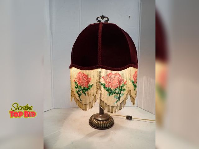 Lot 59-14268 - French Art Nouveau Table Lamp, Crafted from Crimson Velvet, Long Beaded Fringe that Showcase a Detai...