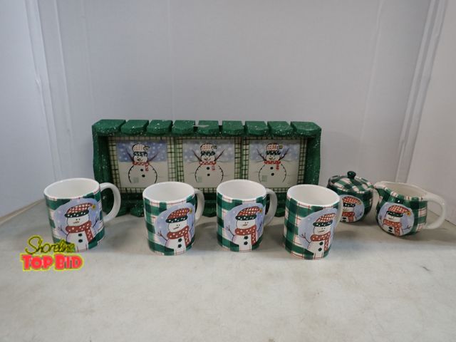 Lot 59-41692 - Snowman mug set with cream and sugar and serving tray, 4 mugs