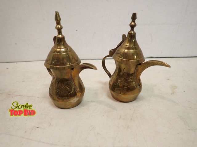 Lot 59-14554 - Mid-Century Brass Mini Dallah Coffee Pots &amp; Flowering Decor 4" tall each