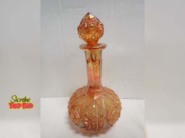 Lot 59-14014 - Ca. 1910 Imperial Glass Marigold Carnival Glass Decanter, Daisy &amp; Button Pattern 9 3/4" tall