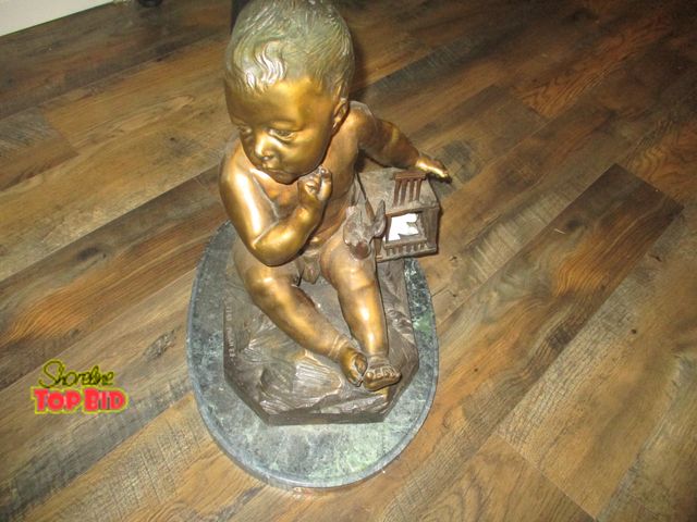 Lot 59-92008 - bronze statue Devine boy with bird's boy with birds signed 19H x 18L x 15W 69 lbs