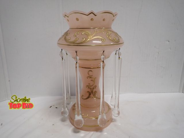 Lot 59-14056 - Pink Bohemian Glass Mantel Luster from Victorian Era, Glass Prisms, Late 19th Century, 10 3/4" tall....