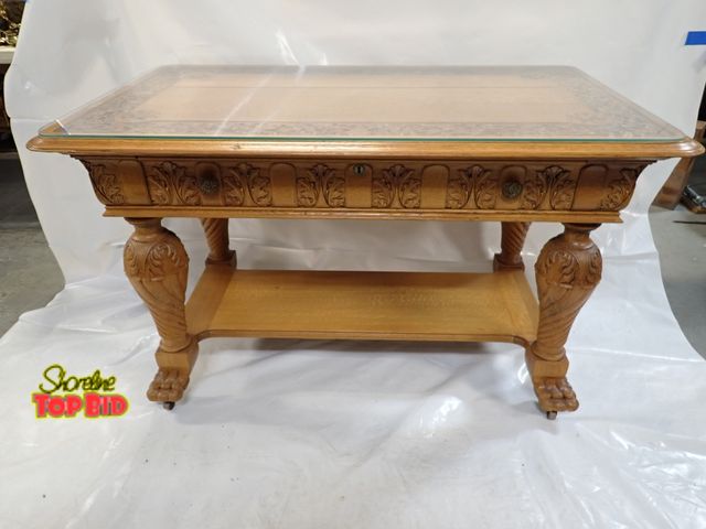 Lot 59-14675 - Ca. 1860 Renaissance Revival with Bold Hand Carving Desk, Very Solid, has Top Glass Protector, 30 1/...