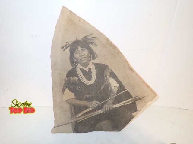 Lot 59-10294 - Possibly a Portrait of a Walpi Snake Priest by Edward S. Curtis on Arrowhead Shaped Slate Stone 12" ...