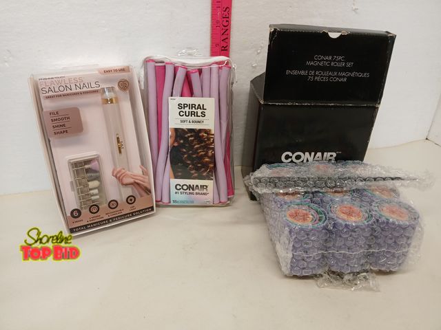 Lot 59-71119 - Conair Hair Roller Lot 75pc Magnetic Set Spiral Curls + Flawless Salon Nails Kit
