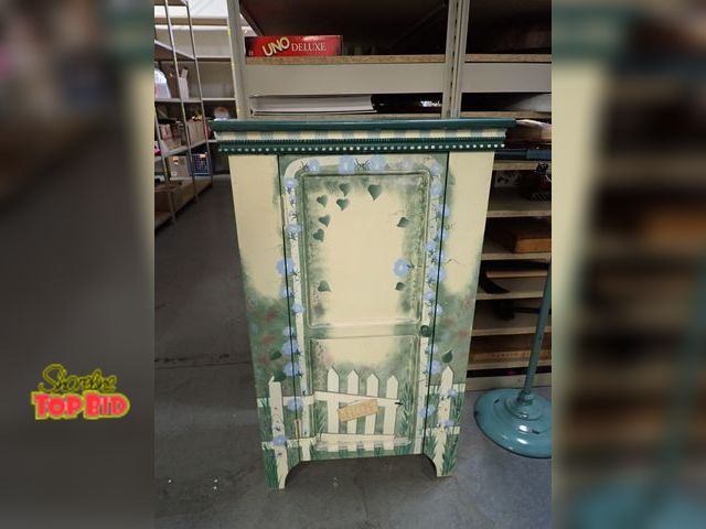 Lot 59-41658 - Giant cabinet with a painted garden scene measure's 38" high  22" long 11" deep with 4 shelves. Lots...