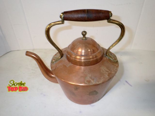 Lot 59-10245 - Vintage Copper Tea Kettle Brass Handle and a Wooden Grip, Made in Portugal