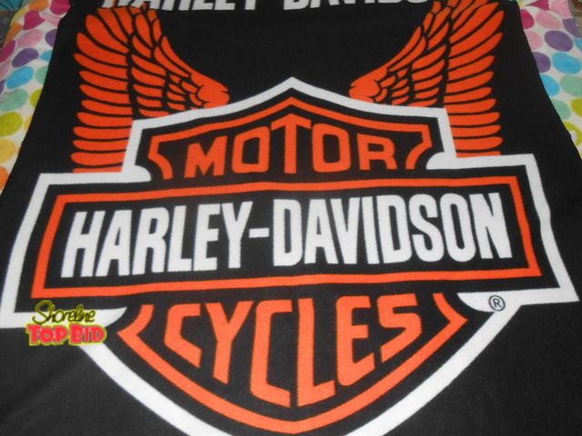 Lot 59-73968 - Large Harley Davidson Fleece Throw Blanket. Measures 57" X 48" - preowned. Too Cool!
