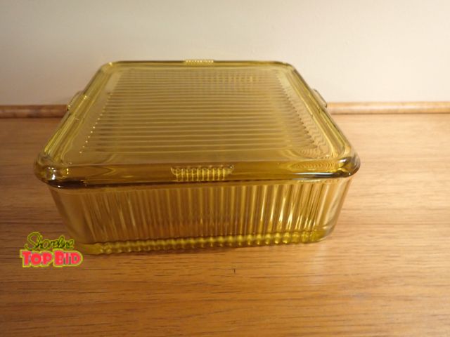 Lot 59-39624 - Vintage Federal Glass Ribbed Amber Glass Refrigerator Square Dish Container - Excellent Condition