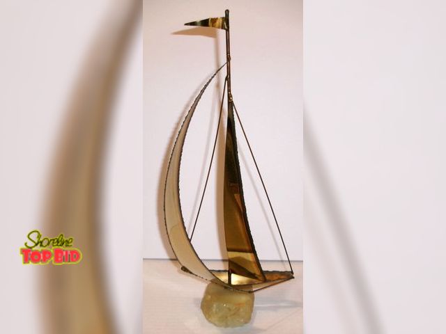 Lot 59-74474 - MCM ARTIST SIGNED BRASS METAL SAILBOAT BOAT SHIP BRUTALIST SCULPTURE MARBLE ONYX BASE NAUTICAL  15" ...