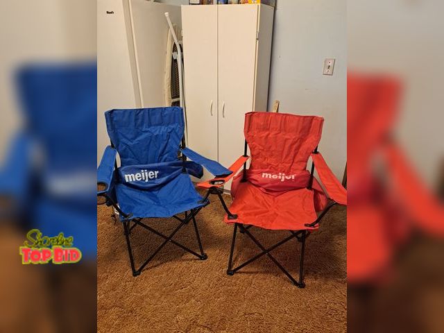 Lot 59-76046 - 2 outside chairs with cup holder..one red one blue..meijers...great condition..used twice