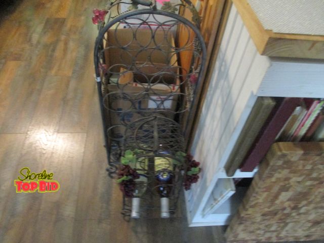 Lot 59-92039 - two beautiful wrought iron wine bottle holder large and small grape and two bottles Davinci sugar fr...