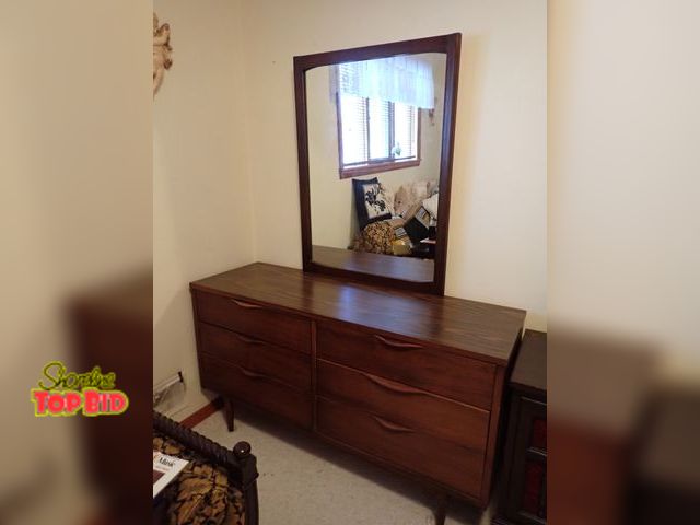 Lot 59-43248 - Mid-Century Modern Walnut 6-Drawer Dresser with Mirror, featuring Sculpted Wood Pulls by Ward Furnit...