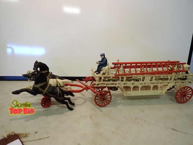 Lot 59-13019 - Vintage Cast Iron Three Horse-Drawn Hook &amp; Ladder Fire Wagon Toy 30" long