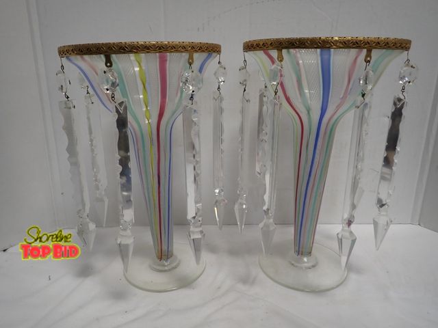 Lot 59-14063 - Pair of Antique Glass Mantel Lusters Venetian, Ribbon Glass Style, Flared Glass Bowl Adorned with Lo...