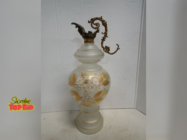 Lot 59-14434 - Ca. 1900 Glass Ewer, possibly Made of Bristol Glass with Hand Painted Floral Motifs extensive 24K Go...