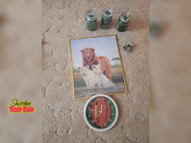 Lot 59-76016 - Lion picture,football clock, pine scented candles.