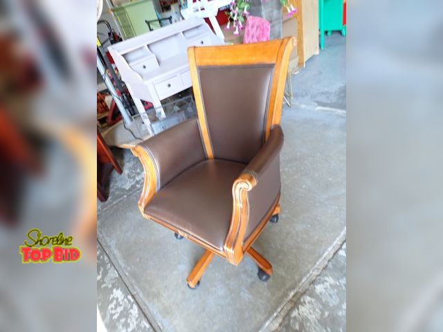 Lot 59-43675 - Executive Style Office Chair Featuring a Brown Leather Seat, Backrest, Arms &amp; Sides with Wooden ...