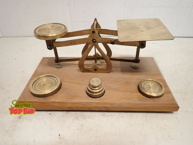 Lot 59-14656 - Ca. 1885 England Brass Postal Scale Set, Complete with 5 Nesting Weights on Wooden Platform