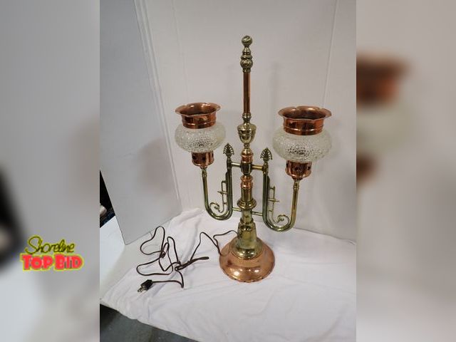 Lot 59-10189 - Unique Antique Double-Arm Table Lamp, Copper &amp; Brass Argand-Style &amp; Electrified, has Bubble ...