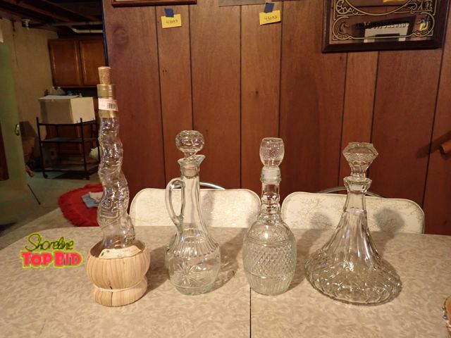 Lot 59-43396 - 3 Vintage Decanters: 1 Starburst Mid-Century, 2 1975 Diamond Cut M.D., 3 11" Libbey, Also, 1 Vintage...