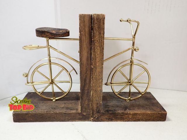 Lot 59-43594 - Pair of Bicycle Bookends, Wood &amp; Gold-Tone Metal Vintage Inspired Rustic Home Decor - Very Cute!